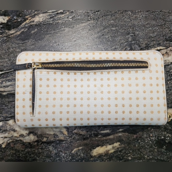 Fossil zippered wallet - white w/ gold polka dots, zippered and open pockets - Picture 3 of 7